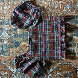 Cropped tartan print puff sleeve top